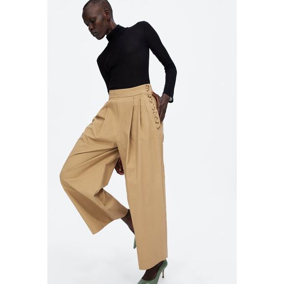 Zara Pleated Wide Leg Cotton Side Button Menswear Trousers Pants Size XS - Picture 1 of 9
